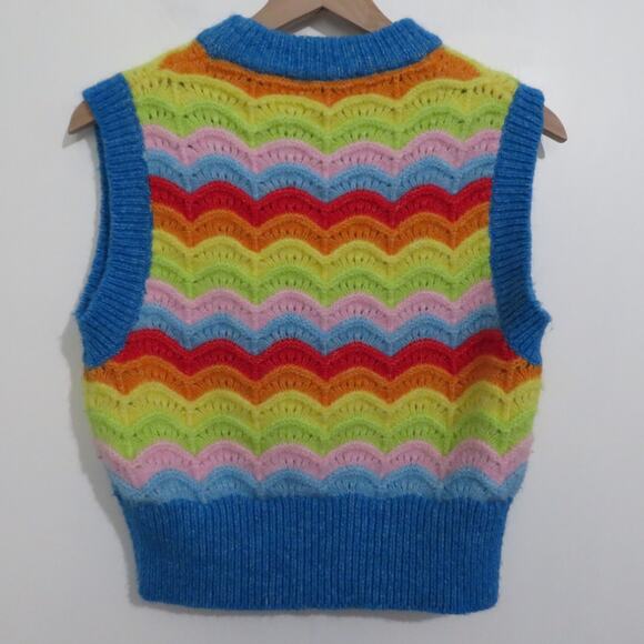 Zara Womens Sz S Rainbow Crochet Scalloped Vest Wool Alpaca Blend Sleeveless - Picture 2 of 5